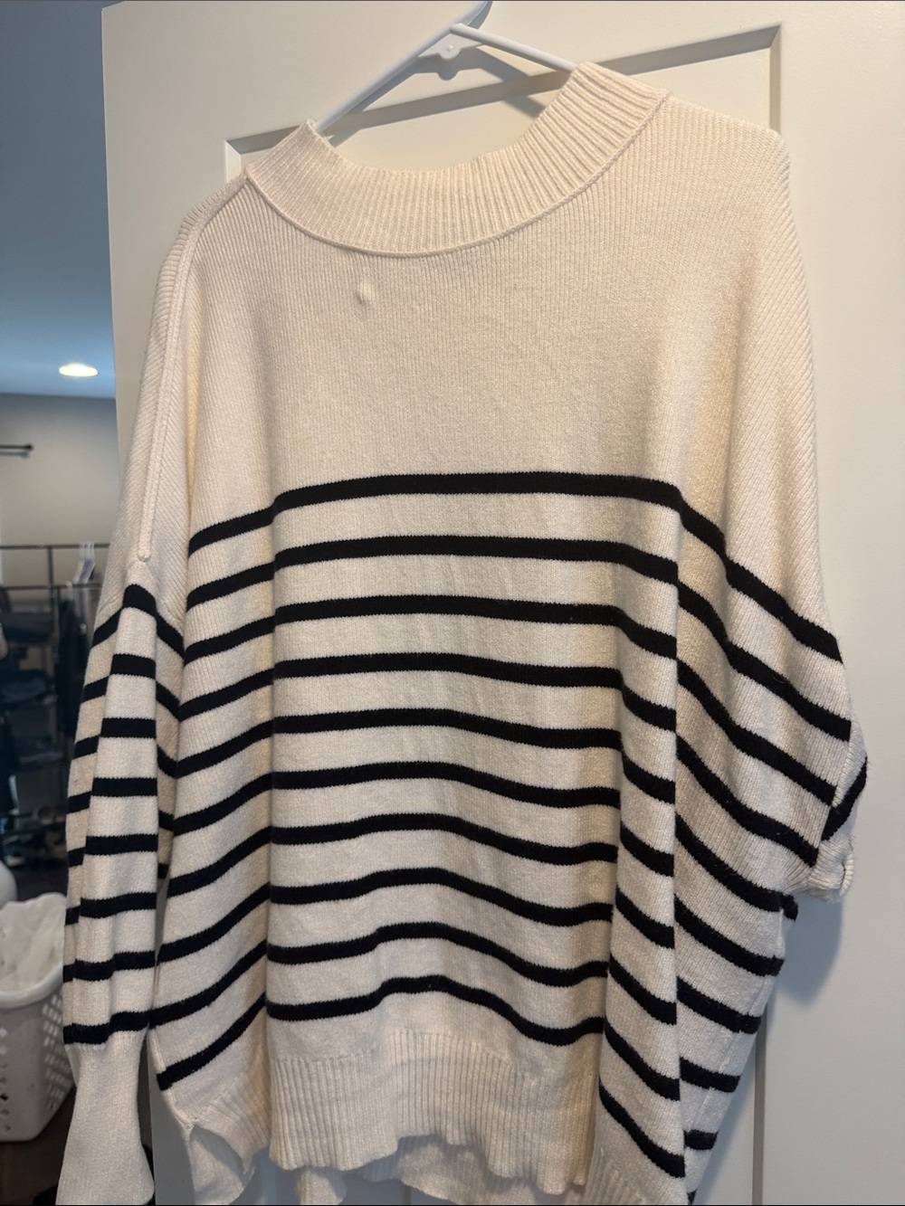 Cream and Black Striped Women's Sweater - Classic Breton Style